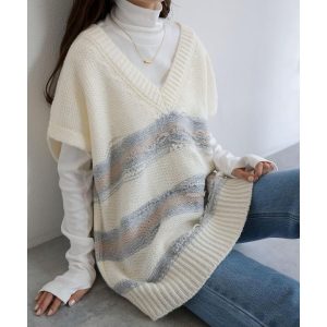 andme クラッシュ編み ボーダー ニット ベスト