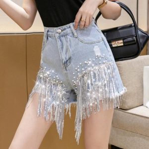 リベットとフリンジ付き デニム ショートパンツ ミニ丈 パンツ ホットパンツ スパンコール フリンジ ビーズ きらきら 個性 レディース ファション おしゃ