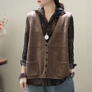 ジレ ニット セーター レディース 春 秋コーデ ポケット付き ニットソー vネック ス ゆったり 前開き ノースリーブ