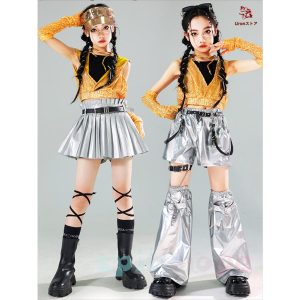 黄 シルバー 光沢 へそ出し キラキラ キッズ ダンス衣装 セットアップ ファッション 女の子 肩だし ショート丈 スカート 短パン サルエルパンツ カジュアル ギャ