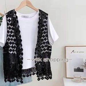 ベスト レディース おしゃれ サマーベスト ジレ 前開き トップス 夏 ショート丈 花柄 春ベスト 透かし編み 重ね着 カジュアル