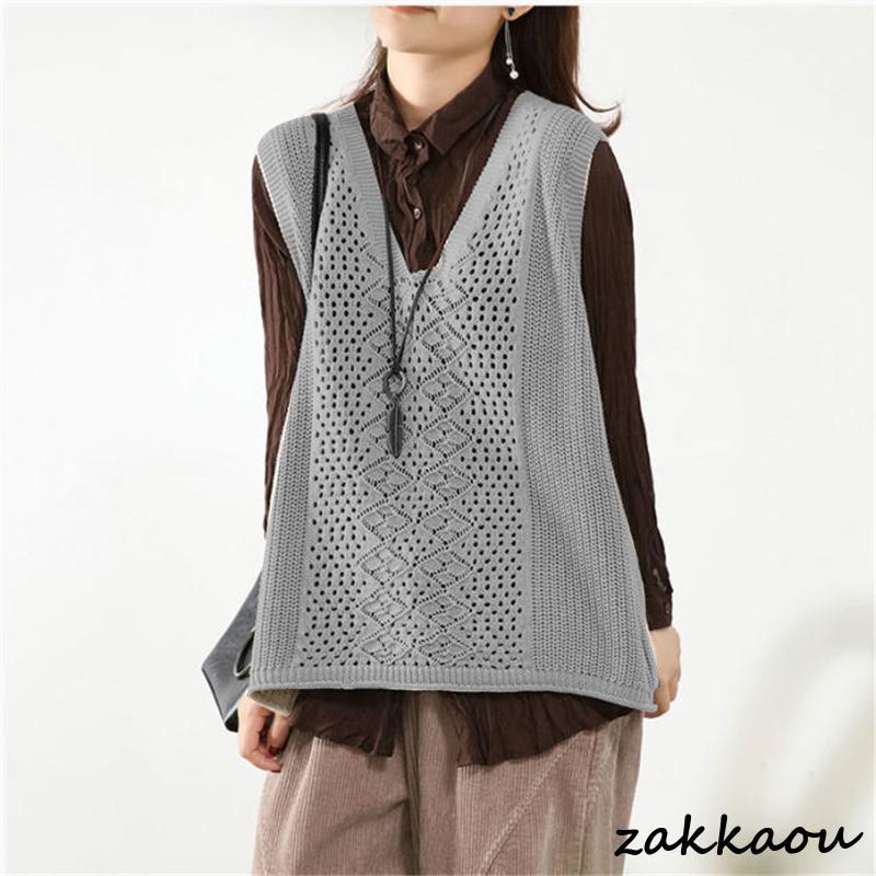 ニットベスト レディース チョッキ トップス Vネック ノースリーブ ゆったり プルオーバー ベスト ジレー セーター 無地 秋コーデ カジュアル - 画像 (3)