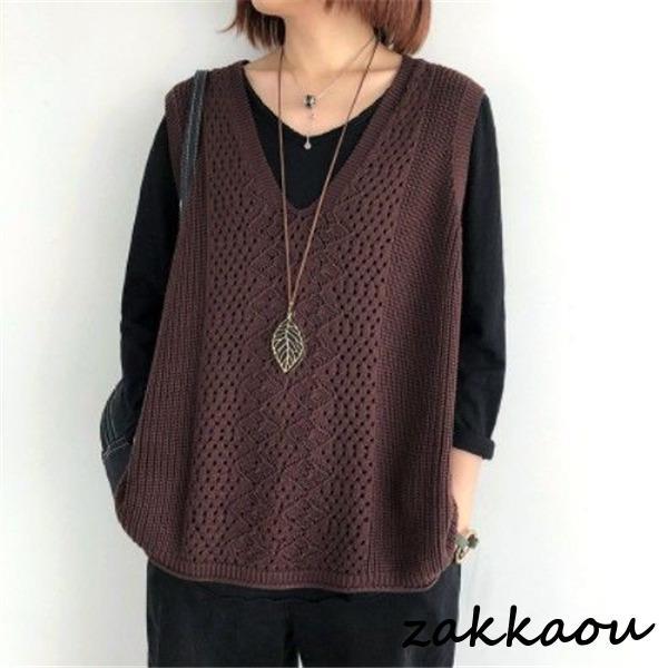 ニットベスト レディース チョッキ トップス Vネック ノースリーブ ゆったり プルオーバー ベスト ジレー セーター 無地 秋コーデ カジュアル - 画像 (6)