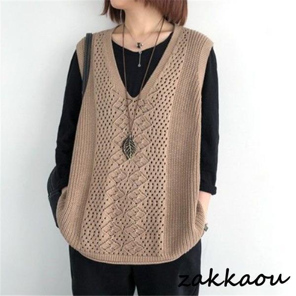 ニットベスト レディース チョッキ トップス Vネック ノースリーブ ゆったり プルオーバー ベスト ジレー セーター 無地 秋コーデ カジュアル - 画像 (9)